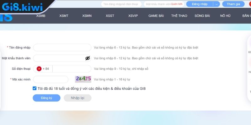 Đăng ký GI8 2 Nhấn vào nút đăng ký GI8